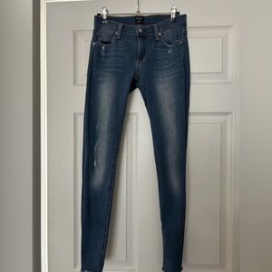 Just Black Medium Wash Distressed Skinny Blue Raw Hem Jeans, Size 25